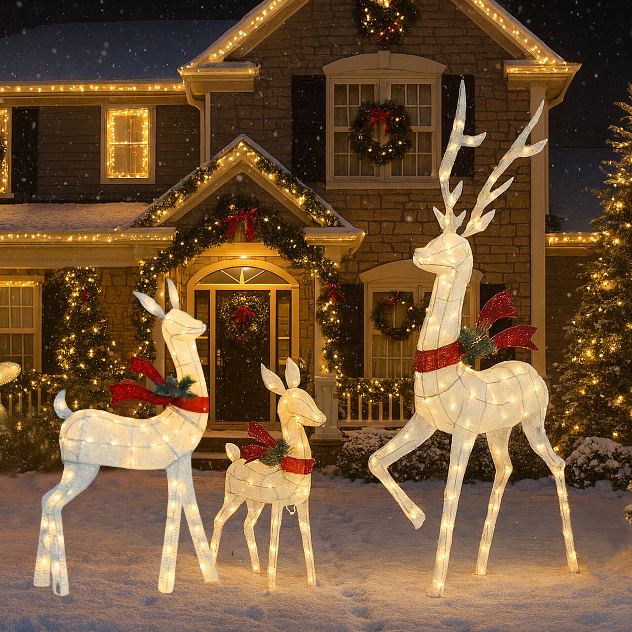 White Cotton Rope Reindeer Set of 3 with Warm White LED Lights for Christmas Decoration 60 Inch 48 Inch & 32 Inch